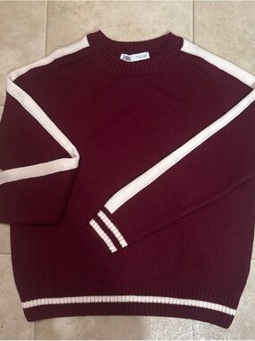 Zara Women Burgundy Crewneck Sweater with Cream Stripes